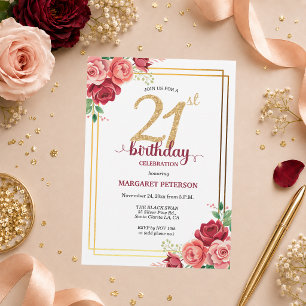 Invitation Fête d'anniversaire 21 ans Floral Élégant Doré