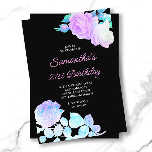 Invitation Fête d'anniversaire 21 ans Floral Iridescent Noir