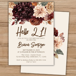 Invitation Fête d'anniversaire 21 ans floral marron beige ivo