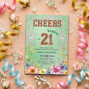 Invitation Fête d'anniversaire 21 ans Floral Paillettes Émera
