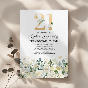 Invitation Fête d'anniversaire 21 ans Floral Vert & Blanc