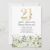 Invitation Fête d'anniversaire 21 ans Florale Verte & Blanche (Devant)
