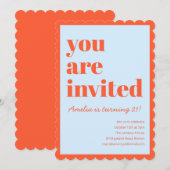 Invitation Fête d'anniversaire 21 ans moderne bleu orange à f (Devant / Derrière)