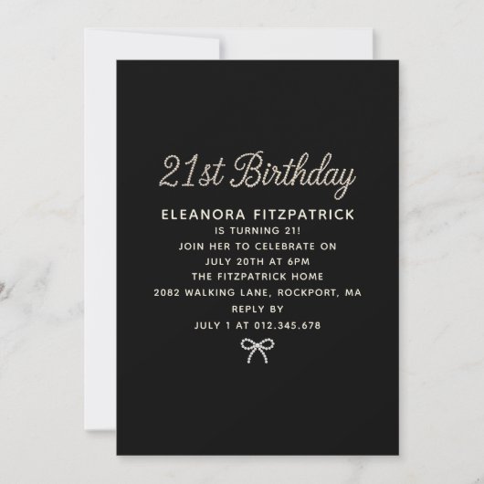 Invitation Fête d'anniversaire 21 ans Noir Blanc Perle Script (Devant)