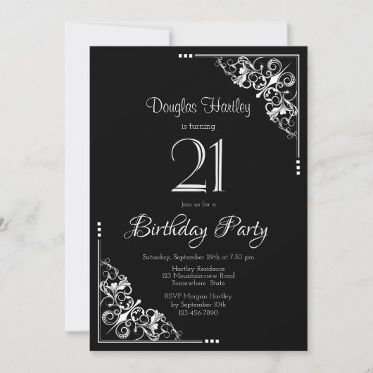 Invitation Fête d'anniversaire 21 ans noir et blanc (Devant)