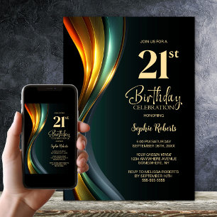 Invitation Fête d'anniversaire 21 ans noir et or moderne