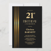 Invitation Fête d'anniversaire 21 ans noir et rayures dorées (Devant)