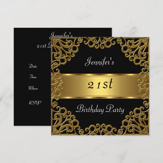 Invitation Fête d'anniversaire 21 ans Noir Or (Devant / Derrière)