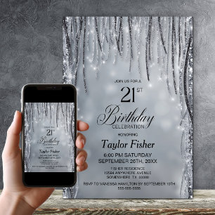 Invitation Fête d'anniversaire 21 ans paillettes noires et ar