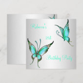 Invitation Fête d'anniversaire 21 ans Papillons Vert Blanc (Devant / Derrière)