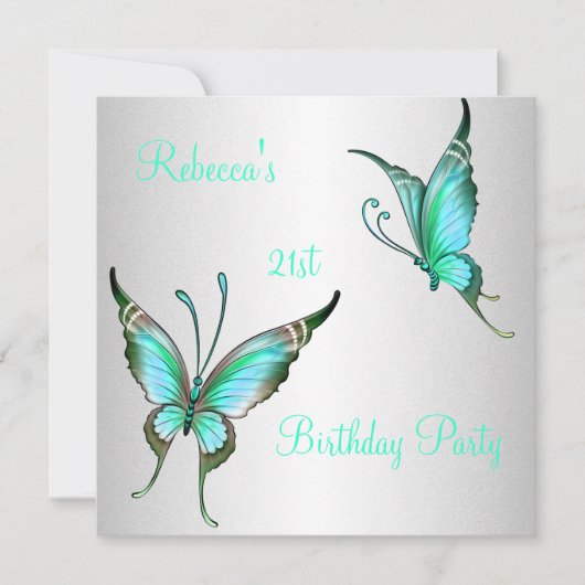 Invitation Fête d'anniversaire 21 ans Papillons Vert Blanc (Devant)