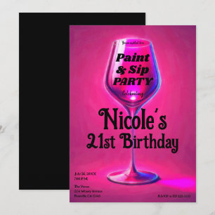 Invitation Fête d'anniversaire 21 ans peinture et verre de vi