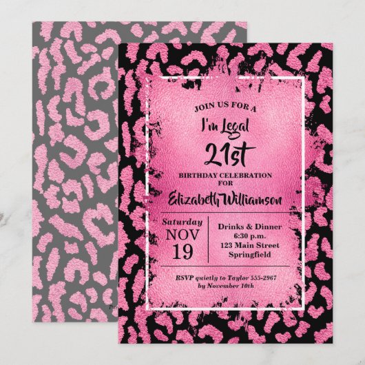 Invitation Fête d'anniversaire 21 ans Pink Leopard (Devant / Derrière)