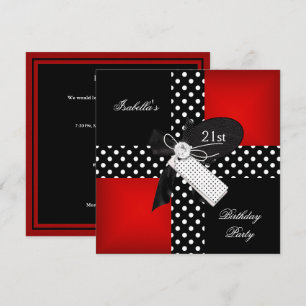 Invitation Fête d'anniversaire 21 ans points rouges noirs bla