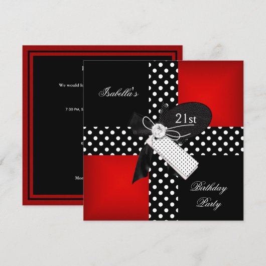 Invitation Fête d'anniversaire 21 ans points rouges noirs bla (Devant / Derrière)