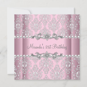 Invitation Fête d'anniversaire 21 ans Rose Perle Blanche Arge