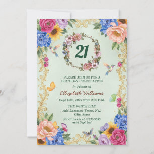 Invitation Fête d'anniversaire 21 ans Royal Gold Floral Hummi