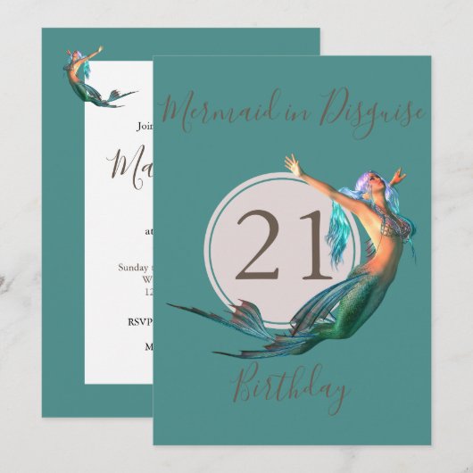 Invitation Fête d'anniversaire 21 ans thème sirène (Devant / Derrière)