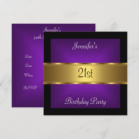 Invitation Fête d'anniversaire 21 ans Violet Or (Devant / Derrière)