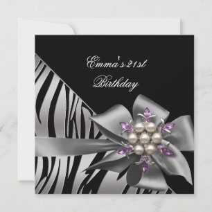 Invitation Fête d'anniversaire 21 ans Zèbre Noir Argent Arc