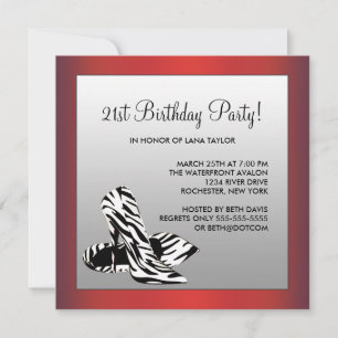 Invitation Fête d'anniversaire 21 ans Zèbre Rouge Femme