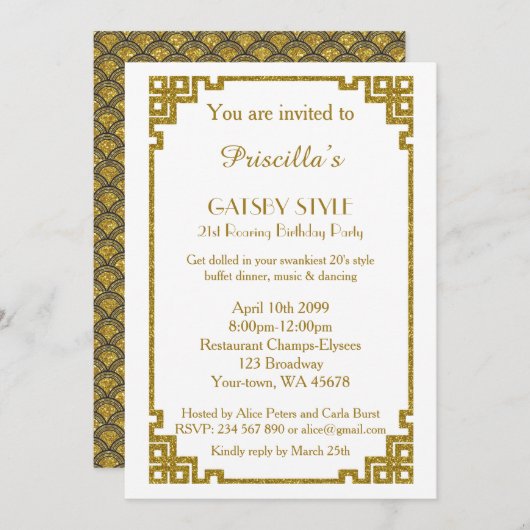 Invitation Fête d'anniversaire 21, style Gatsby, blanc & or (Devant / Derrière)