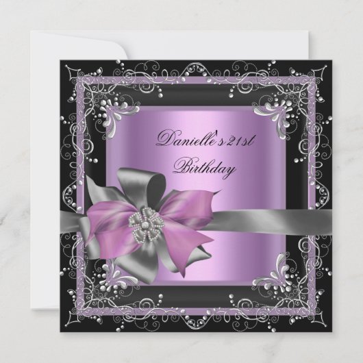 Invitation Fête d'anniversaire 21e Lilac rose argent noir (Devant)