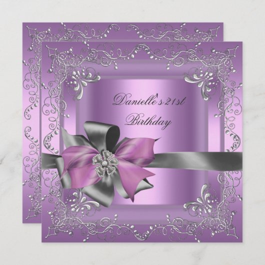 Invitation Fête d'anniversaire 21e Lilac rose Silver Grey (Devant / Derrière)