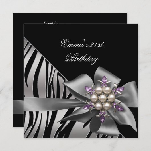 Invitation Fête d'anniversaire 21e Zebra Black Silver Bow (Devant / Derrière)