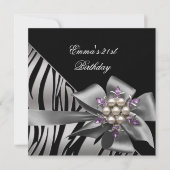 Invitation Fête d'anniversaire 21e Zebra Black Silver Bow (Devant)