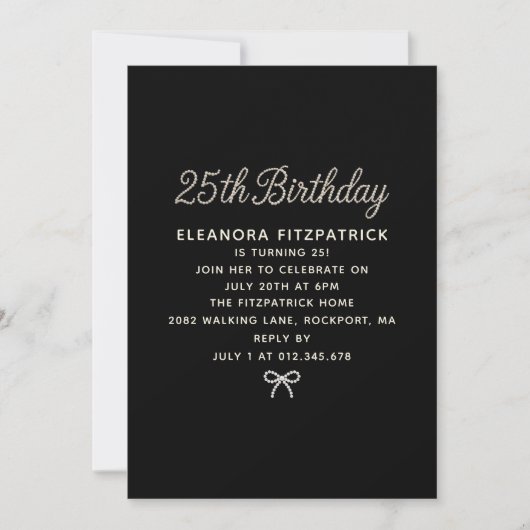 Invitation Fête d'anniversaire 25 ans Noir Blanc Perle Script (Devant)