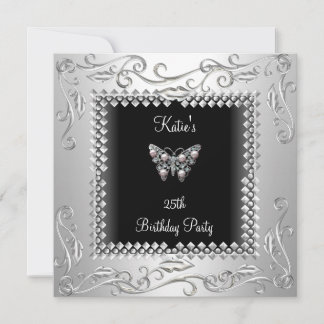 Invitation Fête d'anniversaire 25 ans Papillon noir Argent No