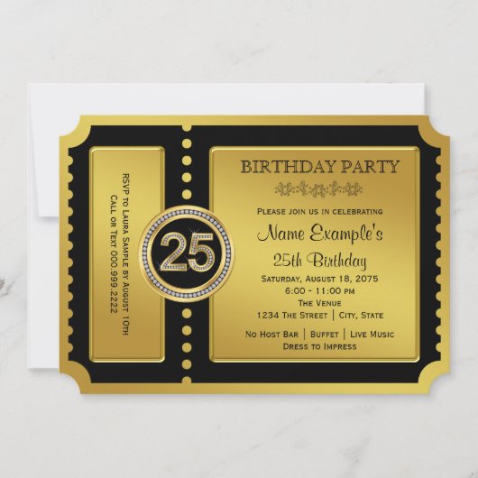 Invitation fête d'anniversaire 25 ans Ticket Doré (Devant)