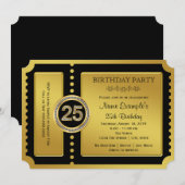 Invitation fête d'anniversaire 25 ans Ticket Doré (Devant / Derrière)