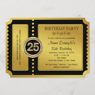 Invitation fête d'anniversaire 25 ans Ticket Doré