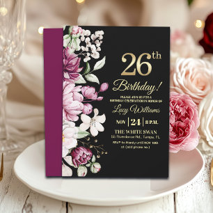 Invitation Fête d'anniversaire 26 Élégante Florale Or