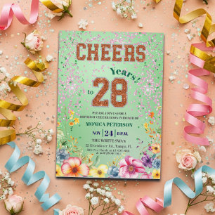 Invitation Fête d'anniversaire 28 ans Floral Pailleté Émeraud