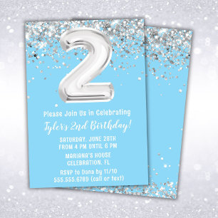 Invitation Fête d'anniversaire 2 ans Bleu clair argenté