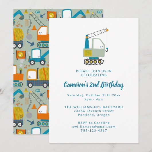 Invitation Fête d'anniversaire 2 ans Camion de construction P (Devant / Derrière)