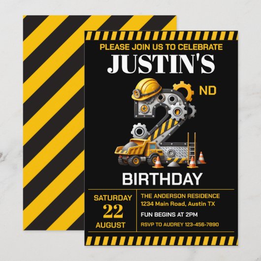 Invitation Fête d'anniversaire 2 ans de Construction Mignonne (Devant / Derrière)