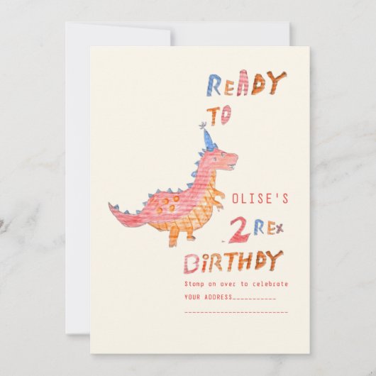 Invitation Fête d'anniversaire 2 ans du dinosaure rouge rex 2 (Devant)