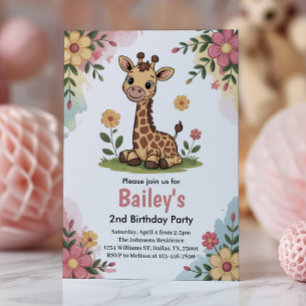 Invitation Fête d'anniversaire 2 ans Fleurs Enfant Girafe Jun
