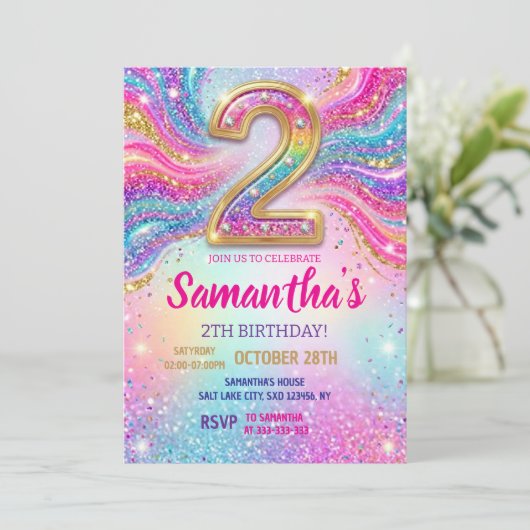 Invitation Fête d'anniversaire 2 ans Paillettes Étincelle Arc (Debout devant)