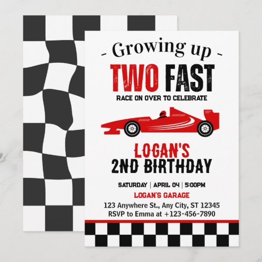 Invitation Fête d'anniversaire 2 ans pour garçon de course ra (Devant / Derrière)