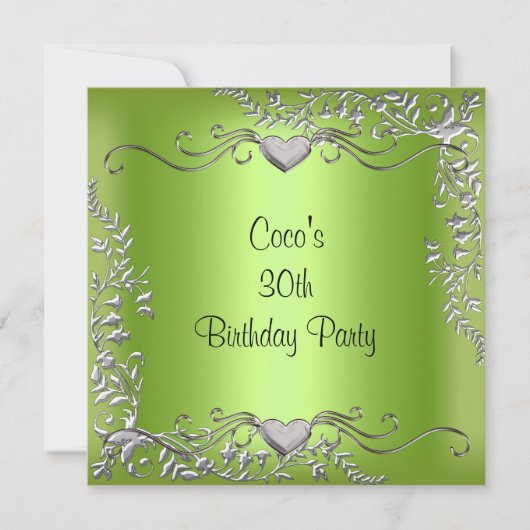 Invitation Fête d'anniversaire 30 ans Argent Vert Citron (Devant)