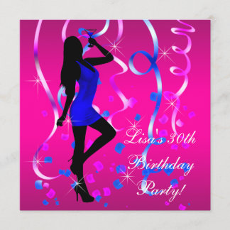 Invitation Fête d'anniversaire 30 ans Bleu royal Rose vif