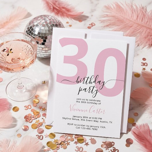 Invitation Fête d'anniversaire 30 ans écriture rose blanc