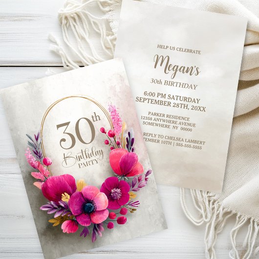Invitation Fête d'anniversaire 30 ans Fleurs roses