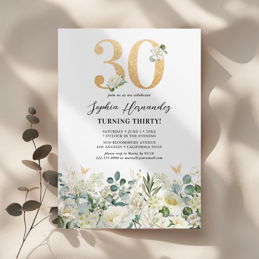 Invitation Fête d'anniversaire 30 ans florale verte et blanch