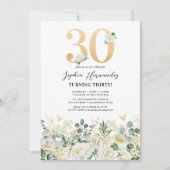 Invitation Fête d'anniversaire 30 ans florale verte et blanch (Devant)